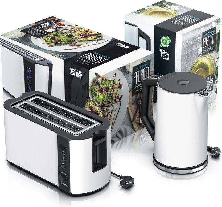 Produktbild Arendo Frühstücksset Edelstahl-Wasserkocher 1,5l Temperaturwahl & 4-Scheiben Langschlitztoaster weiss (1.50 l)