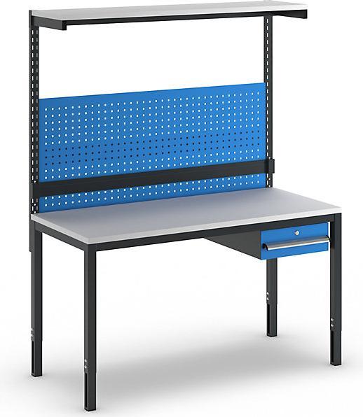 Actual product image kaiserkraft Height adjustable complete workshop workstation, with single drawer, perforated (150 cm, 70 cm)