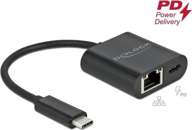 Productafbeelding Delock USB Type-C™ Adapter naar Gigabit LAN 10/100/1000 Mbps met Power Delivery connector zwart (USB-C, RJ45 Gigabit Ethernet (1x))