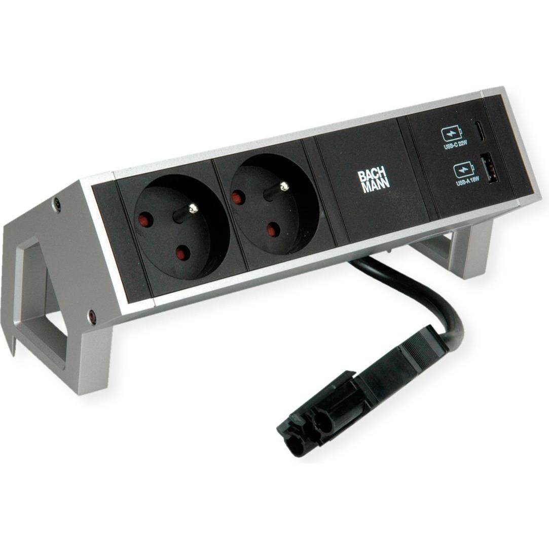 Thumbnail - Bachmann, Steckdosenleiste, DESK2 2x UTE 1x USB A/C 22W inox (2 x, CEE 7/5, CEE 7/3, 0.20 m)