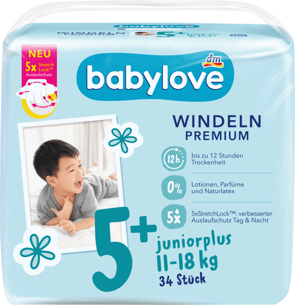 Immagine prodotto dm babylove Premium-Windeln (Dimensione 5, Pacco trasportabile, 34 Pezzo/i)