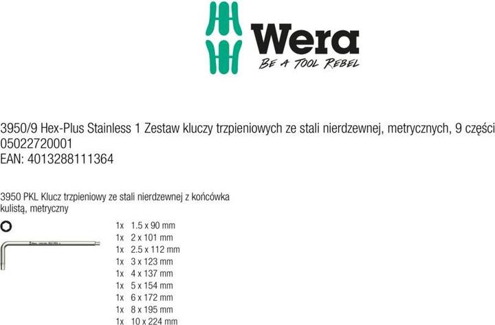 Produktbild Wera 3950/9 Hex-Plus Stainless 1 lose