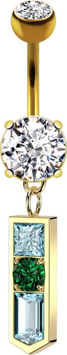 Produktbild Star Piercing Banane vergoldet mit zwei Kugeln Kristall silber Anhänger Balken spitz drei Kristalle (Messing, Chirurgenstahl 316L)