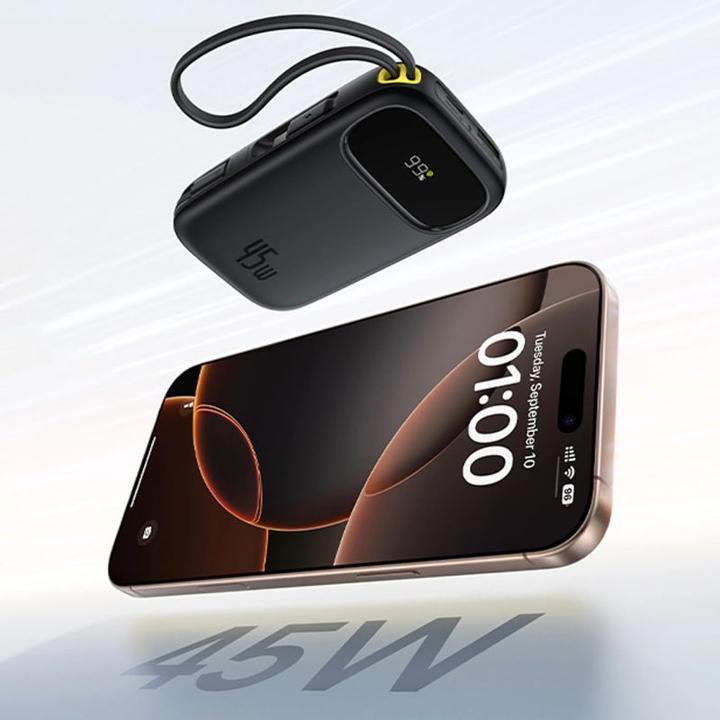 Immagine prodotto Baseus EnerFill FC31 20000mAh 45W Powerbank mit Display, USB-C- und Lightning Kabeln – Schwarz (20000 mAh, 45 W)