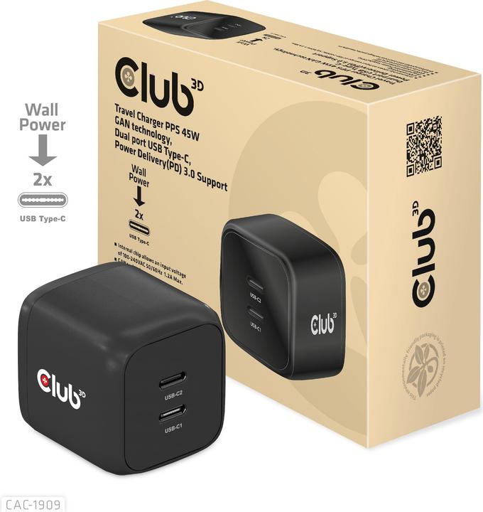 Club 3D Ladegerät PPS 45W GAN, Power Delivery (PD) 3.0 (45 W, 2 Ports)