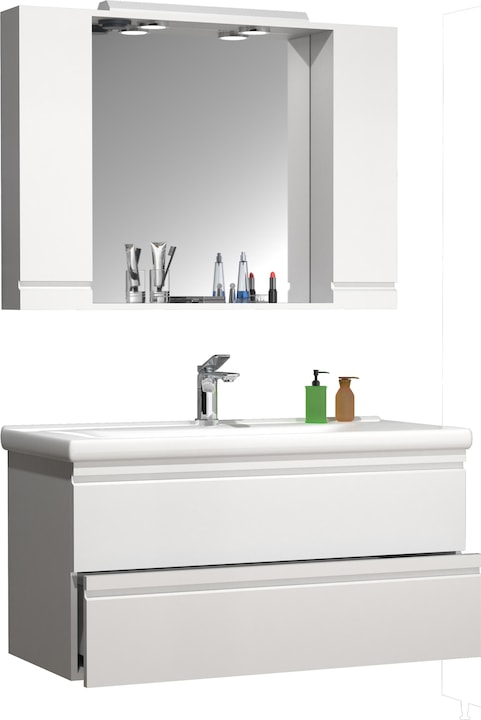 Produktbild VCM 3-tlg. Waschplatz Waschtisch 100 cm Badmöbel Set Waschbecken grifflose Schublade Spiegelschrank