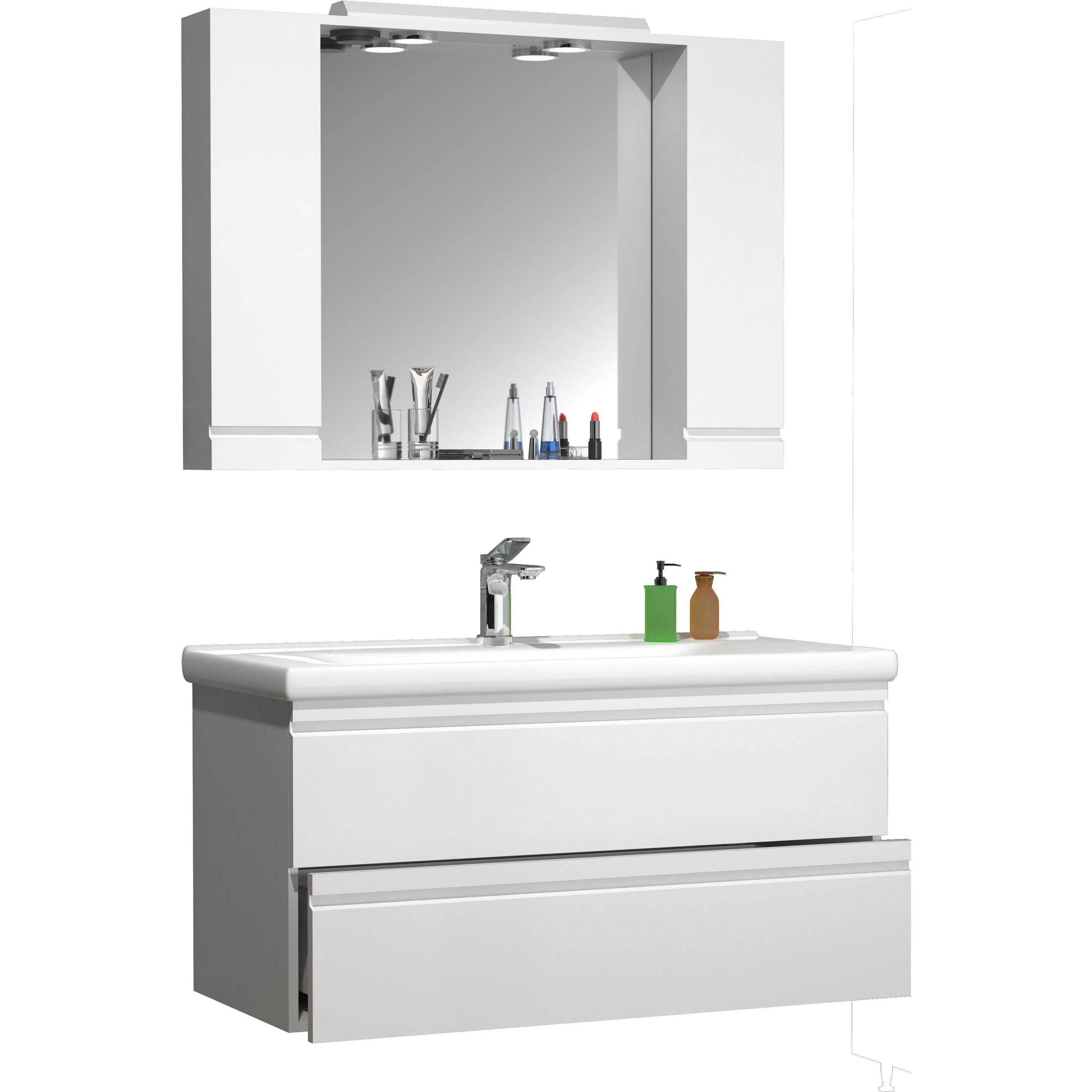 VCM, Badmöbelset, 3-tlg. Waschplatz Waschtisch 100 cm Badmöbel Set Waschbecken grifflose Schublade Spiegelschrank