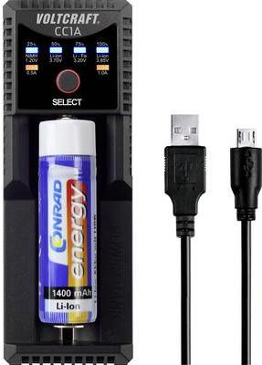 Produktbild Voltcraft CC1A Rundzellen-Ladegerät NiMH, LiIon, LiFePO, NiCd Mignon (AA), Micro (AAA), Baby (C), 10440, 10500 (1 Stk., 10440, 10500, 12500, 12650, 13650, 14500, 14650, 16340, Ladegerät inkl. Akku)