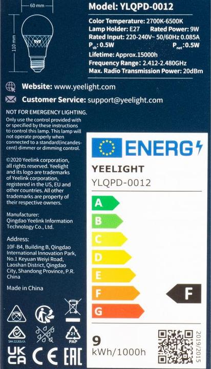 Energie-Label Yeelight Smart bulb W4 E27 (dimmable) 1pc (E27, 806 lm, 1 x)