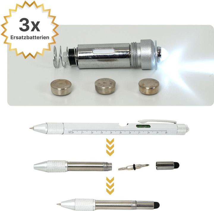 Produktbild Hermex 8in1 Multi-Kugelschreiber Multifunktionsstift Touchpen Wasserwaage Schraubendreher (8 Funktionen)