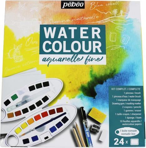 Pebeo Complete Kit 24 Watercolour Half Pans Oval Box + Accessories