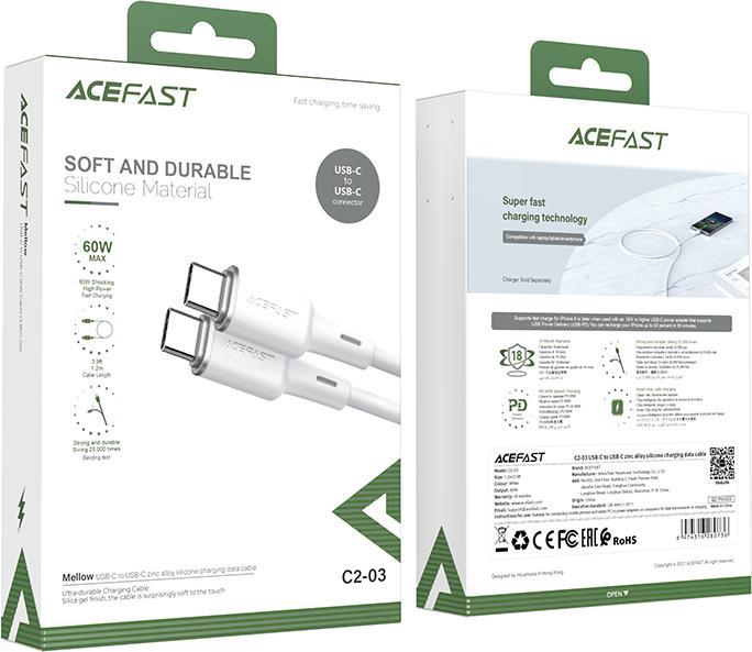 Produktbild Acefast cable USB Type C - USB Type C 1.2m, 60W (20V / 3A) white (C2-03 white) (1.20 m, USB 2.0, 60 W)