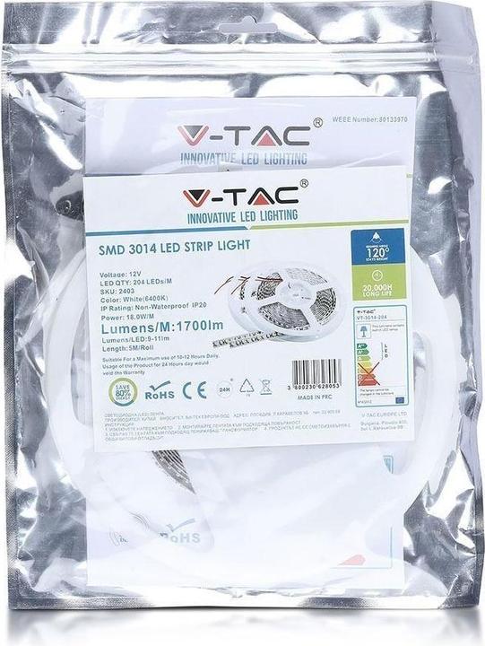 Produktbild V-TAC VT3014 LED Streifen SMD3014 204 LEDs Warm Weiss NichtWasserdicht 5m (Warmweiss, 500 cm, Indoor)