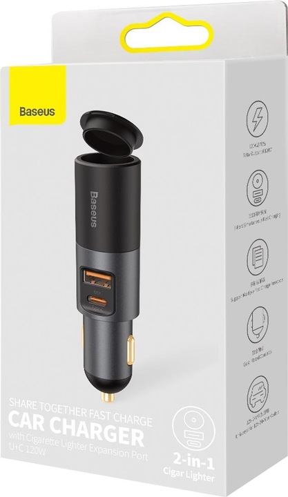 Image du produit Baseus Share Together Fast Charge Car Charger with Cigarette Lighter Expansion Port, USB + USB-C 120