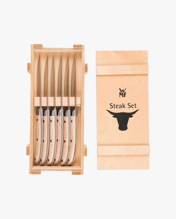 Produktbild WMF Steakmesser Set 6tlg Pizzamesser Ranch Spezialklingenstahl Eichenholz Holzbox (6 Stück, Messer)