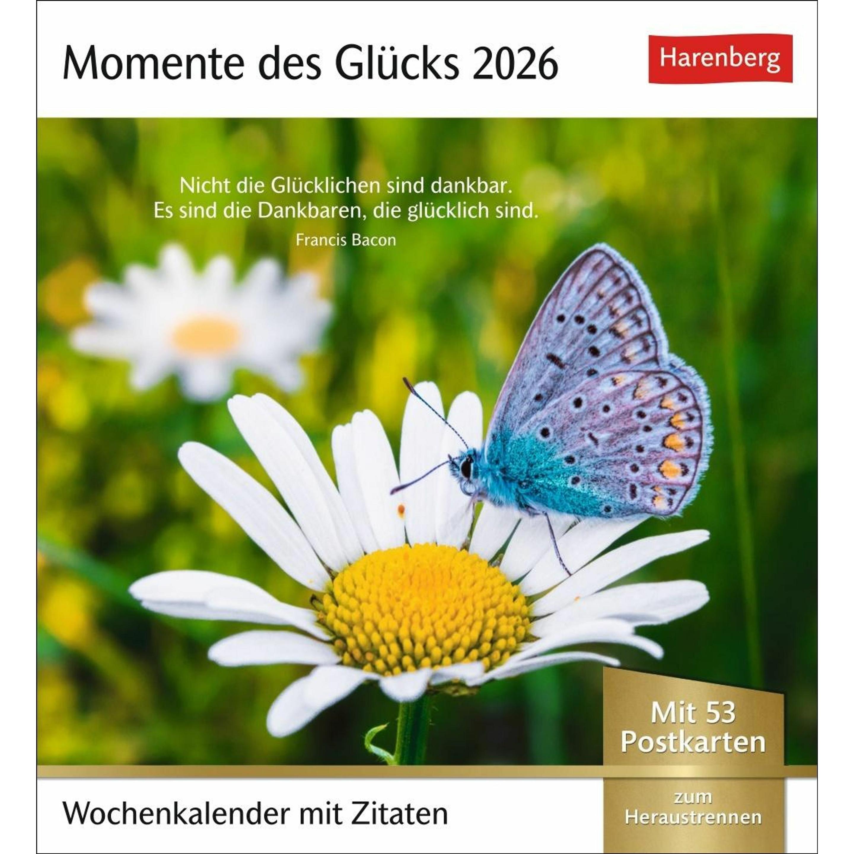 Harenberg Momente des Glücks Postkartenkalender 2026 - Wochenkalender mit Zitaten, mit 53 Postkarte (2756200)