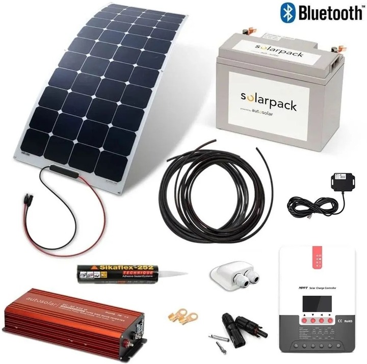 Autosolar Komplettpaket 160W flexibel +Lithiumbatt. 55Ah und 600W-Wechselrichter + Montagematerial (165 W)