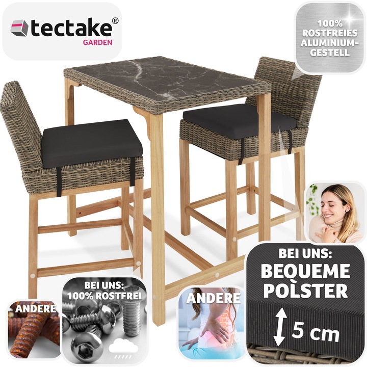 Produktbild tectake Rattan Bartisch Kutina mit 2 Stühlen Latina (96 cm)