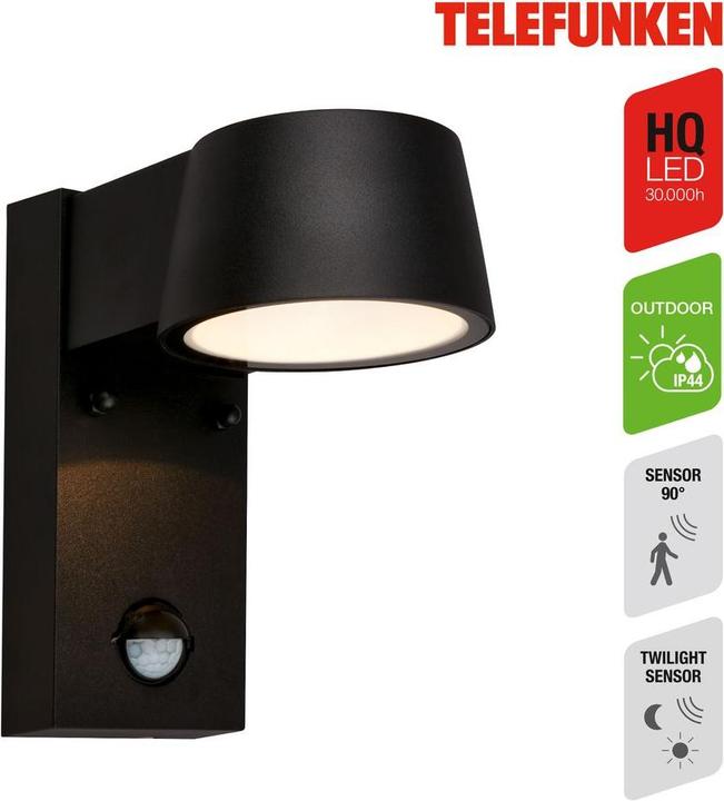 Image du produit Telefunken Applique extérieure PIR, noir, IP44, LED 7,5W (700 lm, IP44)