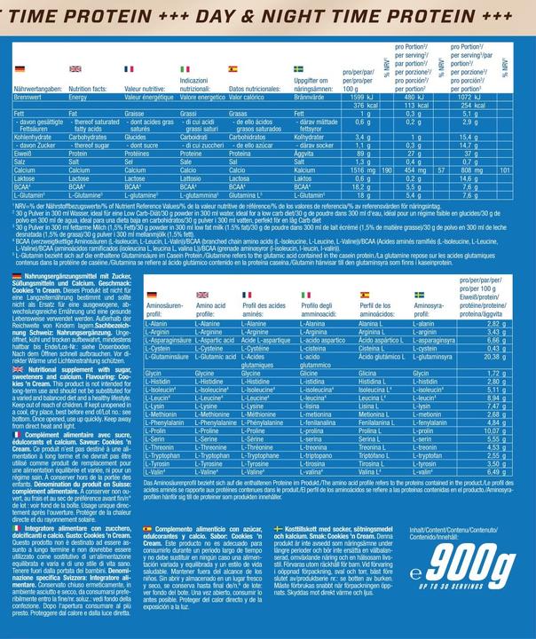 Nährwerte und Zutaten Body Attack 100 % Casein Protein (900g Dose) (Cookies and Cream, 1 x, 900 g)