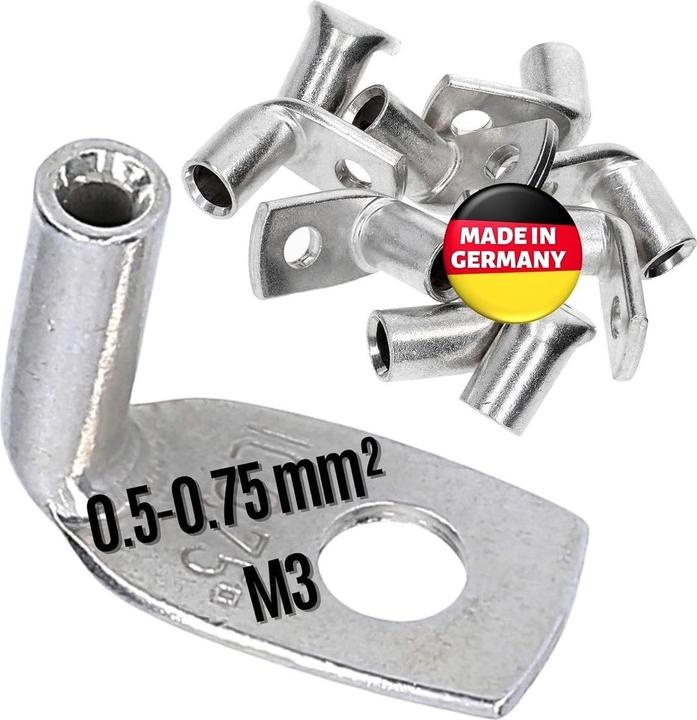 Produktbild Kalitec 10 Stück KA01-L3 Handelsübliche Rohrkabelschuhe gewinkelt 0,5mm²-0,75mm² M3 I ohne Sichtloch