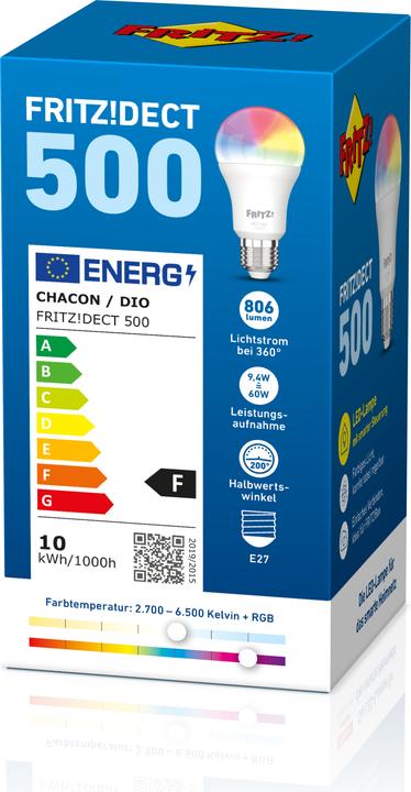 Actual product image FRITZ! DECT 500 (E27, 9 W, 806 lm, 1 x, F)