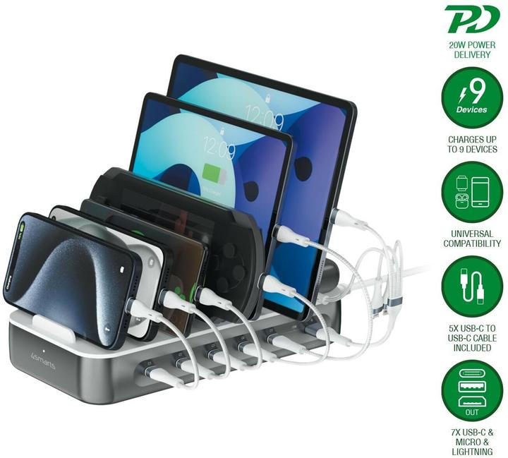 Actual product image 4smarts Charging station Team 100W 5C/1A incl. 6 cables (100 W, 6 ports)