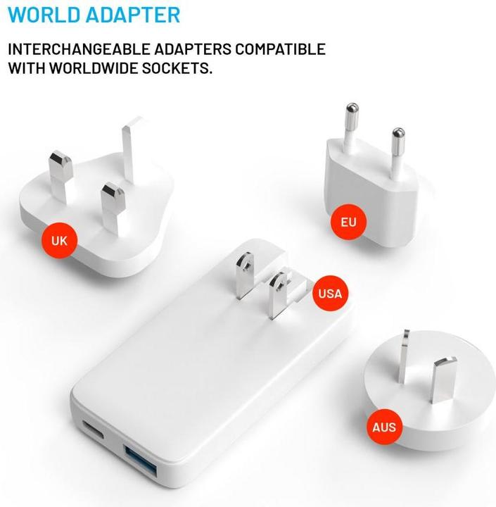Actual product image Fixed Slim Traveller USB-C/USB Travel Charger with world adapters, GaN, 65W, white (65 W, 2 ports)