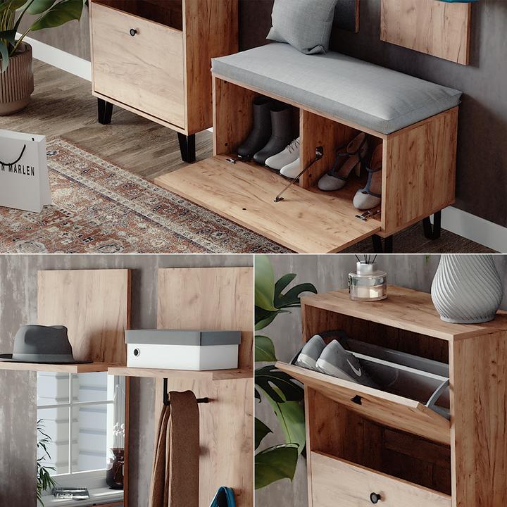 Produktbild Vicco Garderobenset Siri, Goldkraft Eiche, Set mit Wandgarderoben, Sitzbank und Schuhschrank