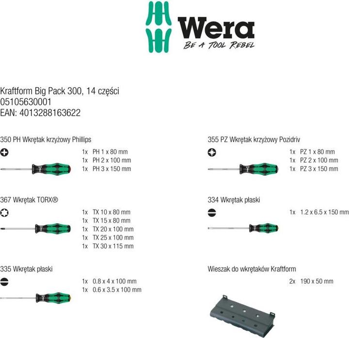 Immagine prodotto Wera Kraftform Big Pack 300 (Torx (TX), Cacciavite a croce PZ, Fessura croce Phillipps (PH))