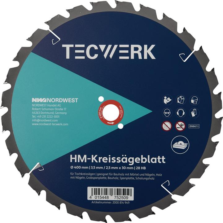 Tecwerk Tischkreissägeblatt Aussen-Ø 500 mm Zähnezahl 36 HB Bohrung 30 mm Schnittbreite 3,8 mm