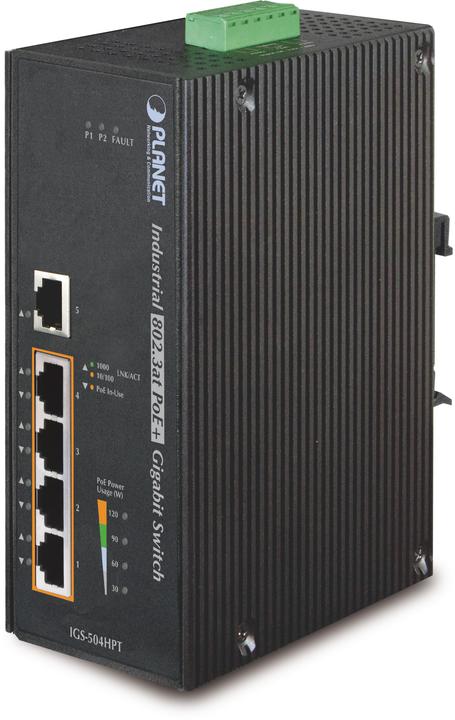 Actual product image Planet Industrial Switch 4-Port IEEE 802.3af / 802.3at PoE Injector Aluminum Metal Enclosure (802.3af (PoE), 802.3at (PoE+), 30 W)