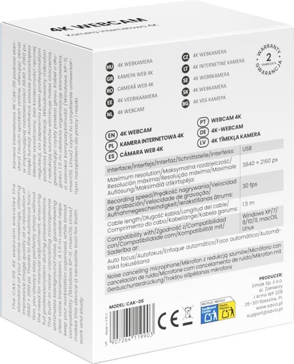 Actual product image Savio CAK-06 Webcam 3840 x 2160 Pixel USB Schwarz