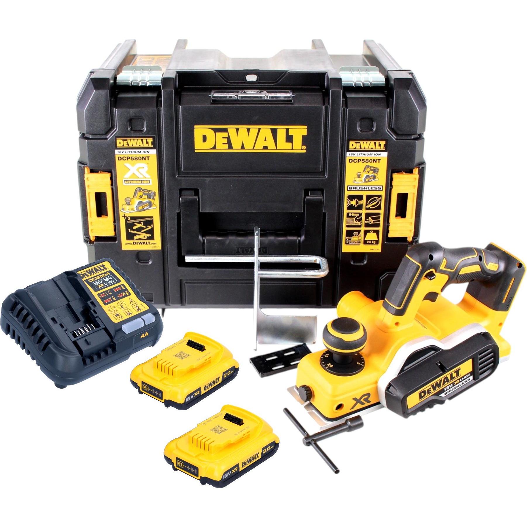 DeWalt, Hobelmaschine, DCP 580 D2 Akku Hobel 18V 82mm + 2x Akku 2,0Ah + Ladegerät + TSTAK
