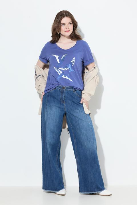 Immagine prodotto Ulla Popken Jeans modello Mary in denim elasticizzato con taglio della gamba ampio e orli sfrangiati (44)
