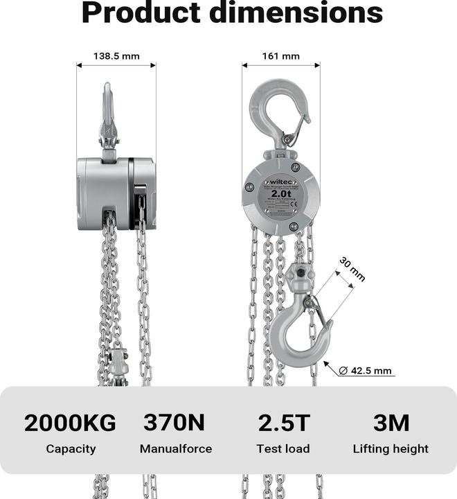 Produktbild Wiltec Kettenzug bis 2t Handkettenzug 3m Hubhöhe Tragmittel Hebezeug Hebelzug