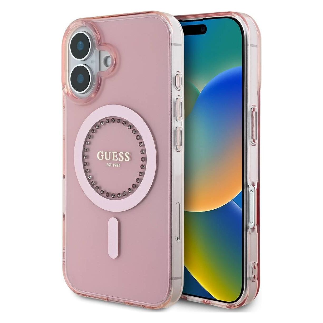 Guess GUHMP16SPFTDTEP IPhone 16 6.1" Różowy/pink Hardcase Iml Rhinestones MagSafe (Apple IPhone 16), Smartphone Hülle, Rosa, Pink