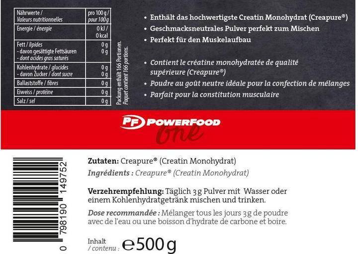 Nährwerte und Zutaten Powerfood High Grade Creatine (1 Stück, Pulver, 500 g)