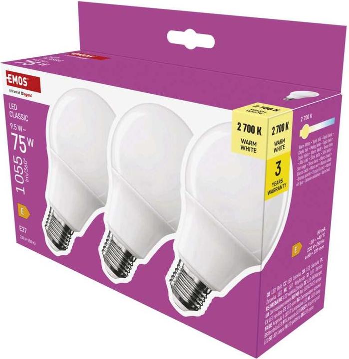 Immagine prodotto Emos Lampada LED Classic A60 / E27 / 9,5 W (75 W) / 1055 lm / Bianco caldo (E27, 9.50 W, 1055 lm, 3 x, E)