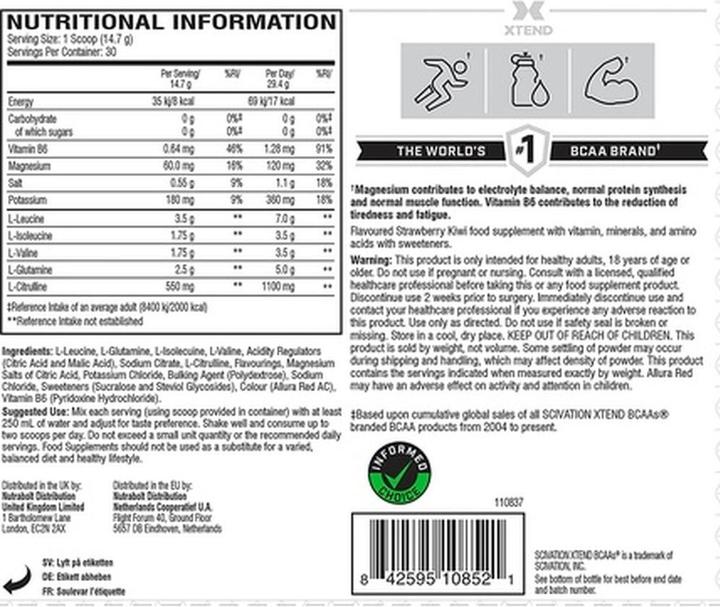 Nährwerte und Zutaten Xtend Bcaa (441 g, 1x, Erdbeer, Kiwi)
