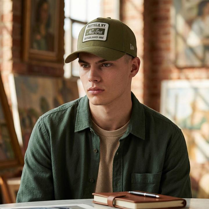 Produktbild New Era A-Frame Trucker Leinen Cap - Brand Patch Oliv (One Size)