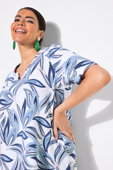 Image du produit Ulla Popken T-shirt à manches courtes et col tunisien, motif feuilles, coupe évasée (54)