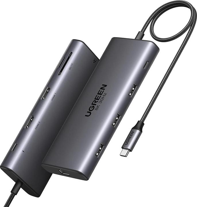 Actual product image Ugreen HUB CM639 USB-C / 2xHDMI 4K60 Hz, 3xUSB-A, USB-C, SD/TF, RJ45, USB-C PD 100W (USB-C, 10 ports)