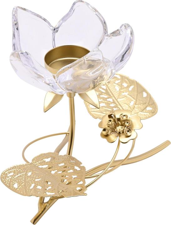 Actual product image Hestia Single Stem Clear Glass Candle Holder With Gold Leaves
