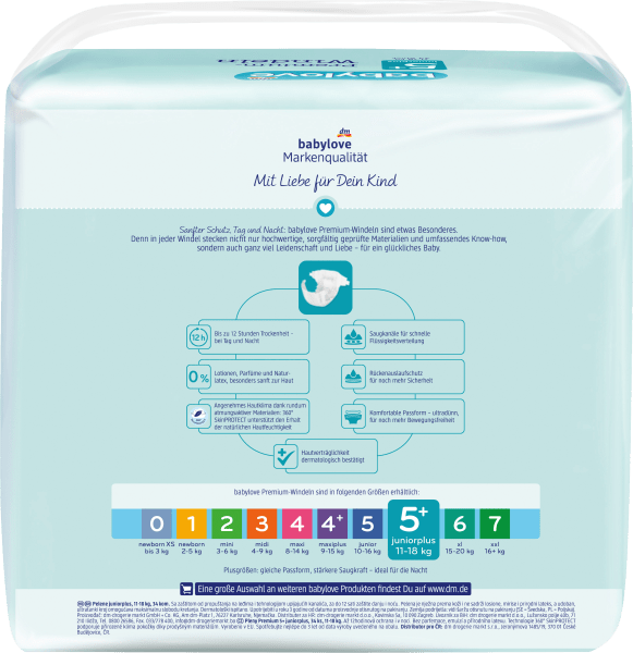 Immagine prodotto dm babylove Premium-Windeln (Dimensione 5, Pacco trasportabile, 34 Pezzo/i)