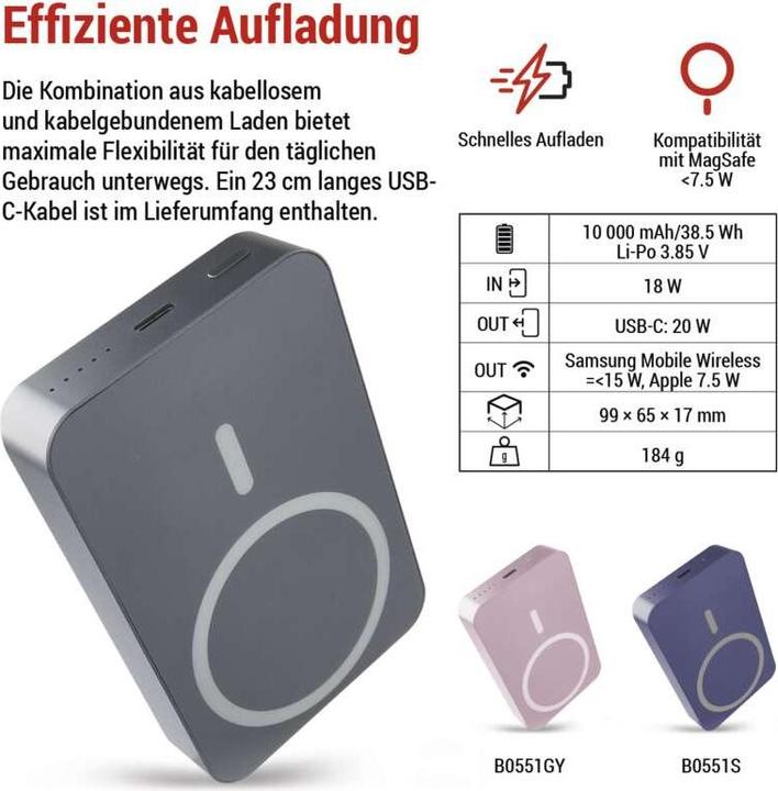 Actual product image Emos Powerbank WI 1046, 10 000 mAh, 20 W+Wireless, blau (10000 mAh, 20 W, 38.50 Wh)