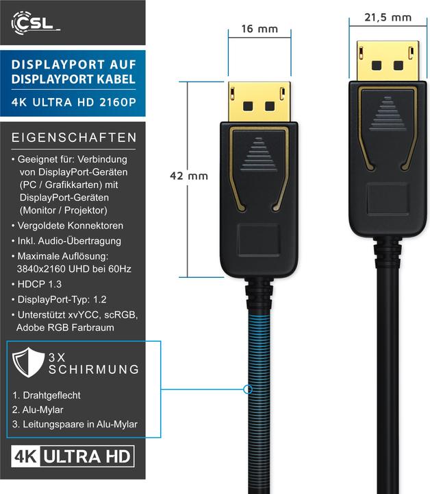 Image du produit CSL Câble DisplayPort 4k 60Hz Ultra HD - DisplayPort 1.2 vers DP 4K 1.2 y compris le transfert audio (5 m, DisplayPort, 1.2)