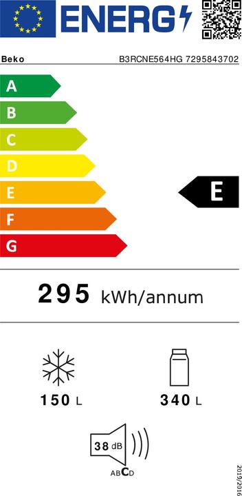 Label énergétique Beko B3RCNE564HG Installation gratuite 490 L E Gris (490 l)