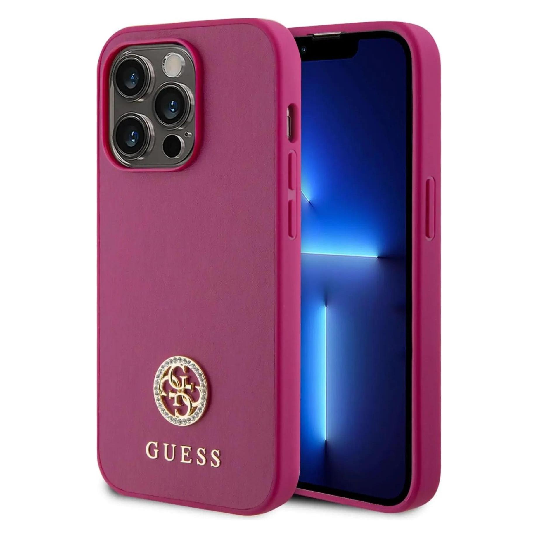 Guess GUHCP15LPS4DGPP IPhone 15 Pro 6.1" Różowy/pink Hardcase Strass Metal Logo (Apple IPhone 15 Pro), Smartphone Hülle, Rosa