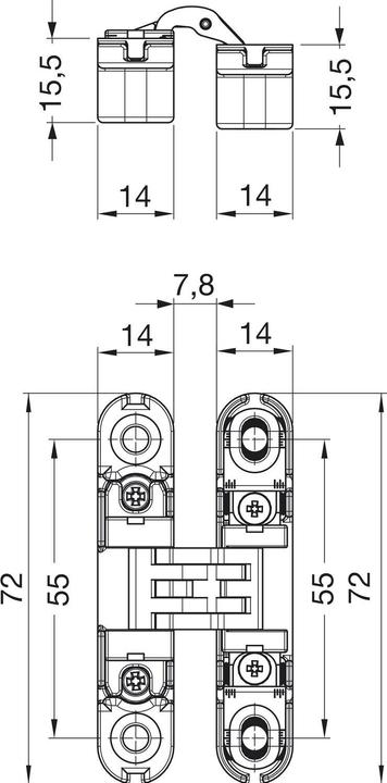 Produktbild Krona Koblenz Kubikina K6100 HD Einlass-Scharnier, 72x14 mm, ÖW 180°, Zamak schwarz